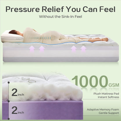 King Bamboo Cooling 4 Inch Dual Layer Memory Foam Mattress Topper with 2 Inch Gel Memory Foam & 2 Inch Pillow Top Mattress Pad for Pressure Relief, Rolled Separately for Faster Expansion
