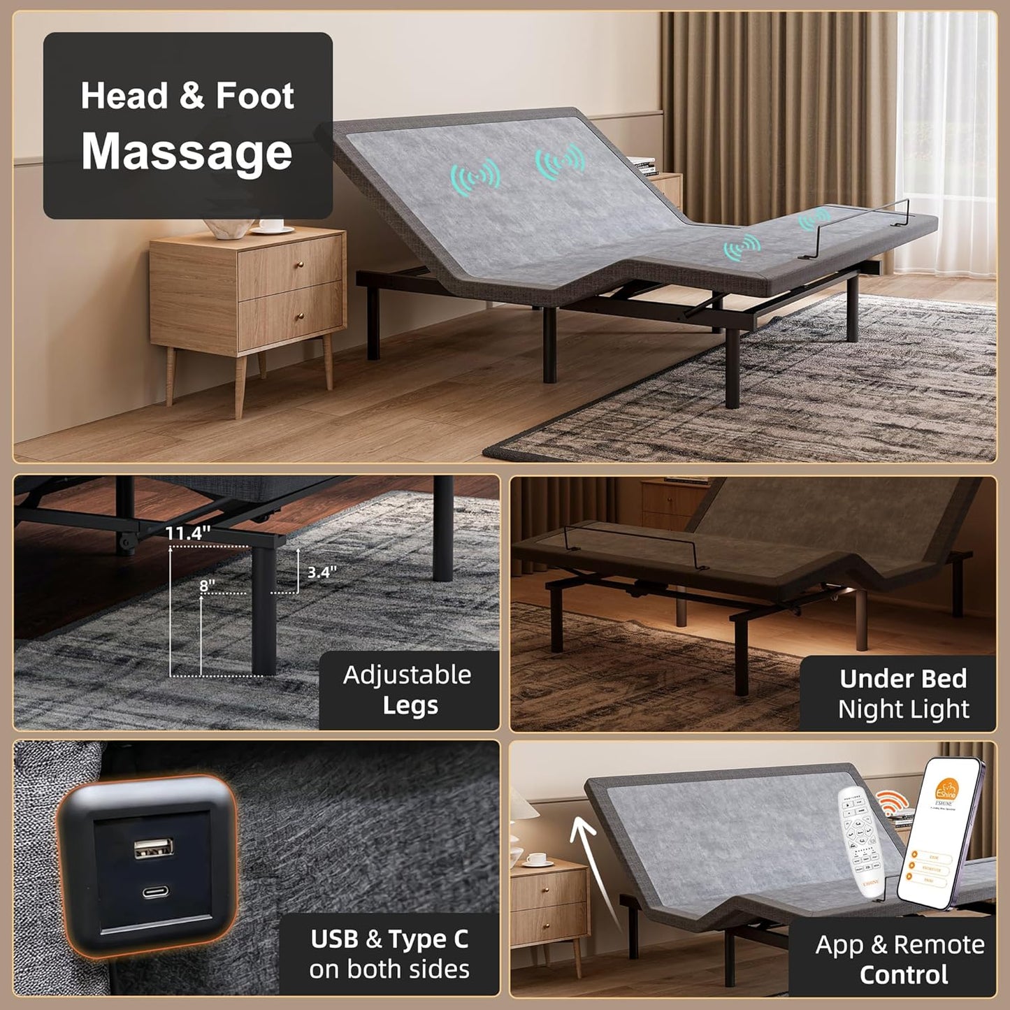 Adjustable Bed Frame Smart Bed Twin XL - Upholstered Bed Base with Massage, Wireless Remote, Ergonomic Foot&Head Incline, Zero Gravity, Dual USB Ports, under Bed Light, 3100 Series Grey