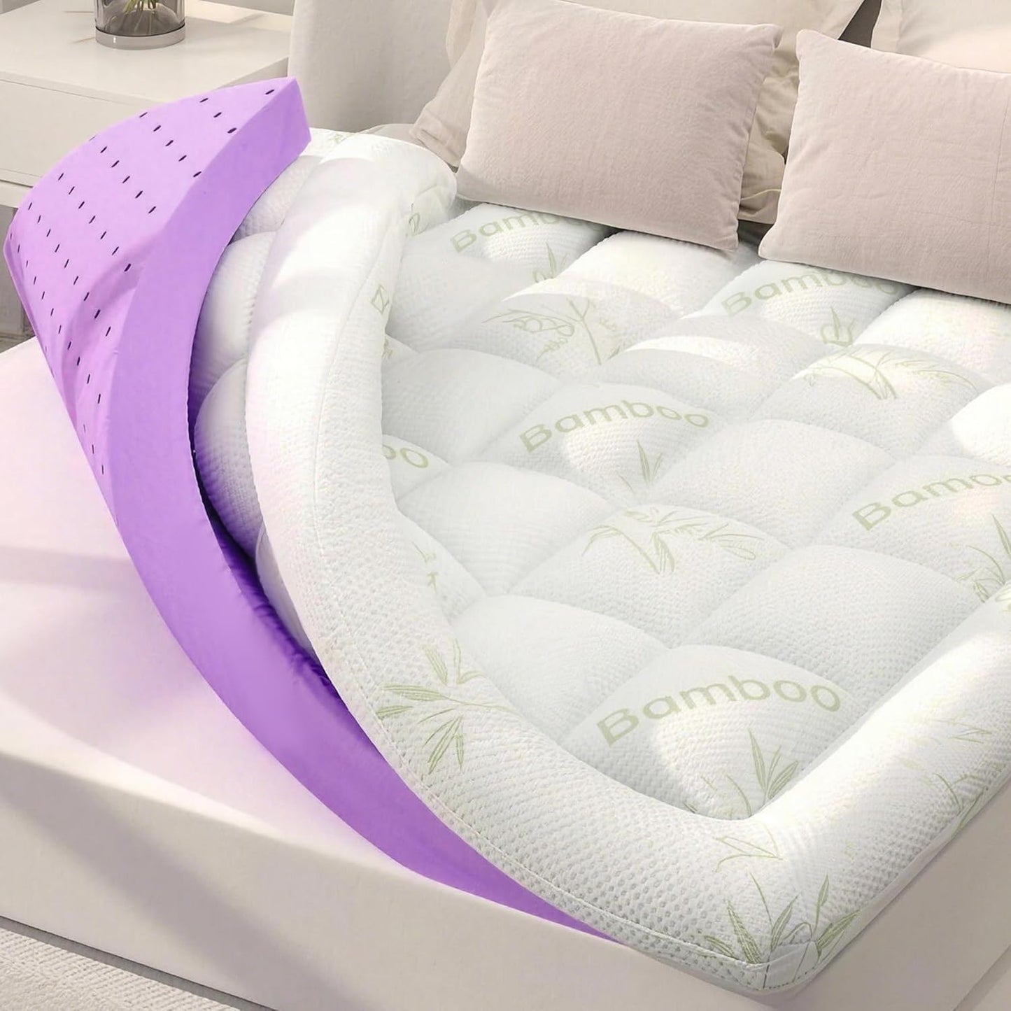 King Bamboo Cooling 4 Inch Dual Layer Memory Foam Mattress Topper with 2 Inch Gel Memory Foam & 2 Inch Pillow Top Mattress Pad for Pressure Relief, Rolled Separately for Faster Expansion