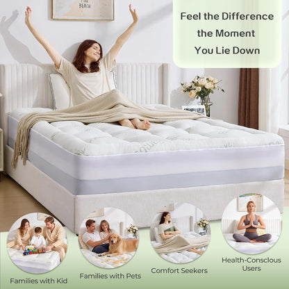 King Bamboo Cooling 4 Inch Dual Layer Memory Foam Mattress Topper with 2 Inch Gel Memory Foam & 2 Inch Pillow Top Mattress Pad for Pressure Relief, Rolled Separately for Faster Expansion