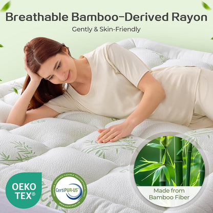 King Bamboo Cooling 4 Inch Dual Layer Memory Foam Mattress Topper with 2 Inch Gel Memory Foam & 2 Inch Pillow Top Mattress Pad for Pressure Relief, Rolled Separately for Faster Expansion