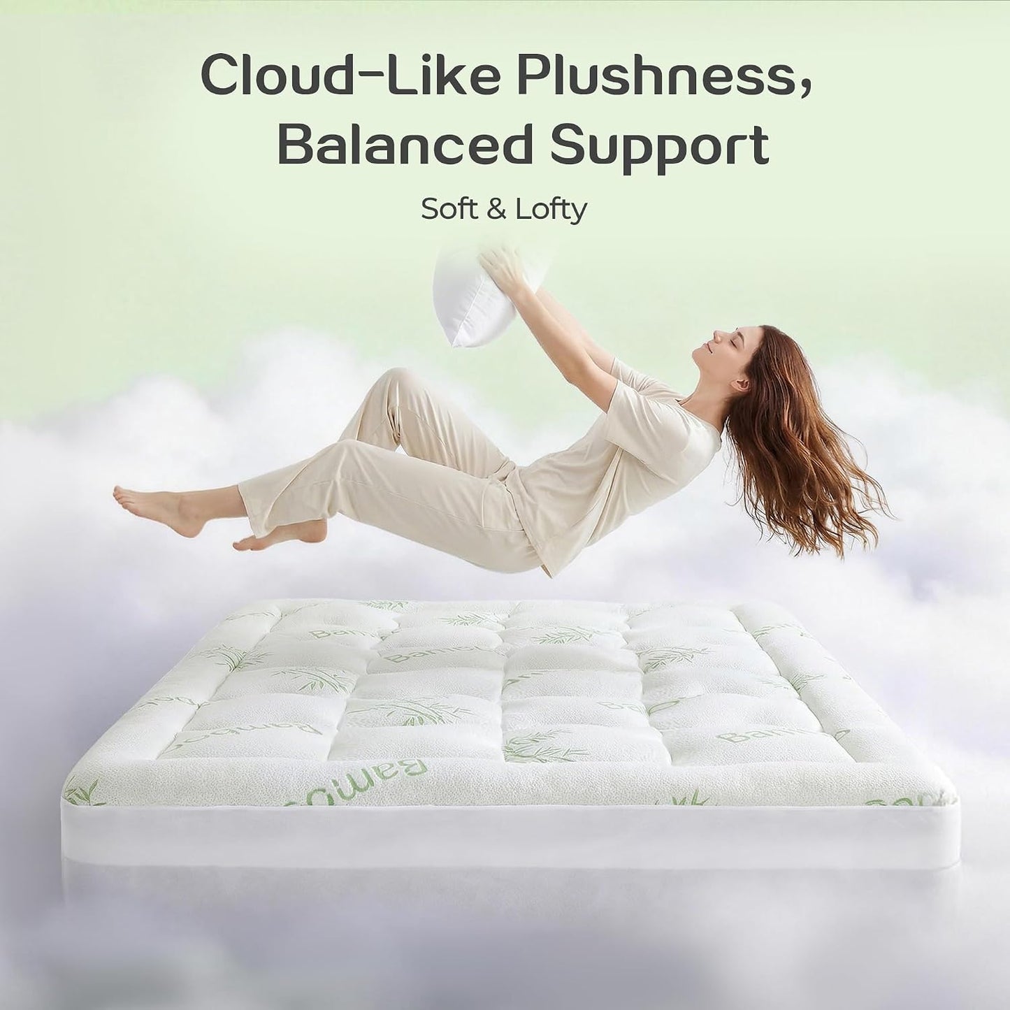 King Bamboo Cooling 4 Inch Dual Layer Memory Foam Mattress Topper with 2 Inch Gel Memory Foam & 2 Inch Pillow Top Mattress Pad for Pressure Relief, Rolled Separately for Faster Expansion